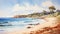 Coastline Of Australia: Watercolor Illustration Of A Lively Sandy Beach