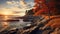 Coastline Autumn Splendor: Photorealistic Shot Of Rocks And Trees At Sunrise