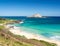 Coastline of East Oahu over Makapuu Beach with Rabbit island