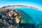 Coastline at Nissi Beach, view from a rocky islet. Ayia Napa, Famagusta District, Cyprus