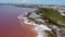 Coastline of pink salt lake Las Salinas in Torrevieja, Spain - aerial top view