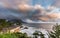 Coastline road with Mt. Kaimon volcano in beautiful sunset, Kagoshima, Kyushu, Japan