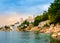 Coastline with Sablicevo Beach and hotels on cliffs in Rijeka, Croatia