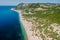 Coastline with sea and highest cliff on coastline. Summer on sea. Aerial view