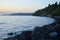 Coastline seawall made of large stacked boulders