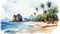 Coastline Of Thailand: Watercolor Painting Of Beach, Ocean, And Palm Trees