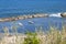 Coastline view of boats on bay from the town of Trappeto, Sicily, Italy Spiaggia Trappeto