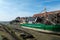 Coastline in zeeuwse village Yerseke with famous oysters wells during low tide, Zeeland, Netherlands