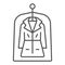 Coat in film packing thin line icon, dry cleaning concept, garment in film vector sign on white background, outline