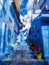 Cobalt blue village in Chefchaouen, Morocco, North Africa. Blue gate, wall and floor and colorful flower pots.