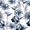 Cobalt Pattern Texture. Azure Tropical Vintage. Blue Floral Texture. Indigo Flora Design. Navy Decoration Palm.
