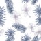 Cobalt Seamless Leaf. Azure Pattern Palm. Navy Tropical Background. Indigo Flower Background. White Watercolor Background.