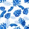 Cobalt Seamless Texture. Azure Pattern Leaf. Blue Watercolor Jungle. Indigo Tropical Wallpaper. Navy Floral Illustration. Beryl Su