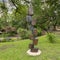 Cobalt stone sculpture titled Building Blocks by Bywell Sango in the Fort Worth Botanic Garden.