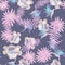 Cobalt Tropical Background. Coral Seamless Botanical. Blue Pattern Design. Gray Flower Exotic. Violet Drawing Palm.