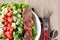 Cobb salad - traditional american food, hearty meal of salmon, eggs, cucumber, avocado and lettuce leaves with mustard dressing, t