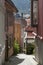 Cobble stoned street and traditional old colorful houses in the old part of Bergen town, Norway, July, 2012