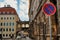 Cobble streets with vintage lanterns street lamps of the old historical center of Dresden, Germany