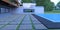 Cobbled area of square concrete slabs in the courtyard of an advanced spacious hotel with a large blue pool. 3d render