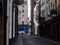 Cobbled back street in shadow, Temple Bar, Dublin, Ireland