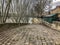 Cobbled boat launch descends to the Seine River, Paris, France, in winter