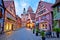 Cobbled street of historic town of Rothenburg ob der Tauber dawn view