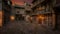 Cobbled street in a medieval fantasy town in evening light. 3D rendering