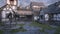 Cobbled street in an old medieval village or town with timber framed houses and a well. 3D illustration