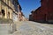 Cobbled street in the Saluzzo old town area. Piemonte, Italy