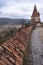 Cobblers` tower, one of the symbols of Sighisoara, on an overcast day in spring. Vertical framing I