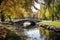 cobblestone bridge over a peaceful pond in a city park