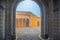 Cobblestone courtyard of Pena Palace with arches and columns, Palacio Nacional da Pena Romanticist castle