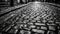 Cobblestone footpath, old fashioned city street in monochrome generated by AI