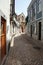 Cobblestone lane in the old town leading up to the Gothic Church of the Grace, Santarem, Portugal