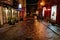 Cobblestone Street at Night With Shops in Quartier Petit Champlain, Quebec City