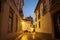 Cobblestone street in the old town leading to the Cathedral of Saint Mary, night view, Faro, Portugal