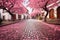 Cobblestone Street With Pink Trees, a Charming Pathway Through Lush Blossoming Trees, A whimsical cobblestone street lined with