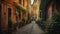 Cobblestone street in rome, italy with plants and pots on the side of the street