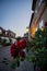 Cobblestoned street bordered with roses in old town Lund on summer evening in Sweden