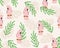 Cockatoo parrot and leaves, seamless pattern. Endless tropical background, texture design. Pink-feathered bird in jungle