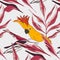 Cockatoo yellow red parrot pattern. Wildlife bird cloth fabric Decoration. Nature hand-drawn character  with botanical tropical