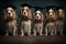 cocker spaniel Dogs standing in a line, wearing graduation caps and gowns, with a proud look on their faces illustration