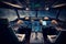 Cockpit of airplane inside view, flight deck of modern aircraft, autopilot, generative AI