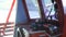 Cockpit of fishing boat in Asia, Thailand. Empty cockpit with wheel and navigation equipment on fishing vessel on sunny