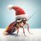 Cockroach wearing a christmas santa hat, Humour concept.