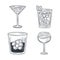 Cocktail alcohol drink beverages appetizer different glasses, thin line style icons