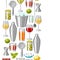 Cocktail bar seamless pattern. Essential tools, glassware, mixers and garnishes.