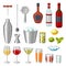 Cocktail bar set. Essential tools, glassware, mixers and garnishes.