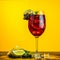 Cocktail with blackcurrant on yellow background