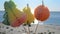 Cocktail decorations on background of blue sky sea sandy beach, sunny summer day